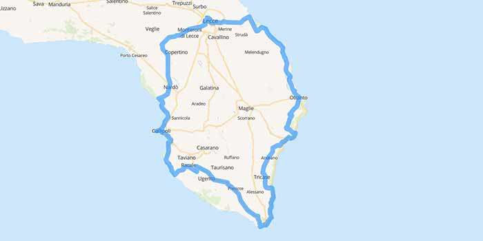 Salento, the heel of Italy, the beautiful area in Puglia - Mappa